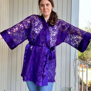Vintage 1980s Victoria’s Secret Purple Lace & Satin Kimono Robe OS - Glam Linger